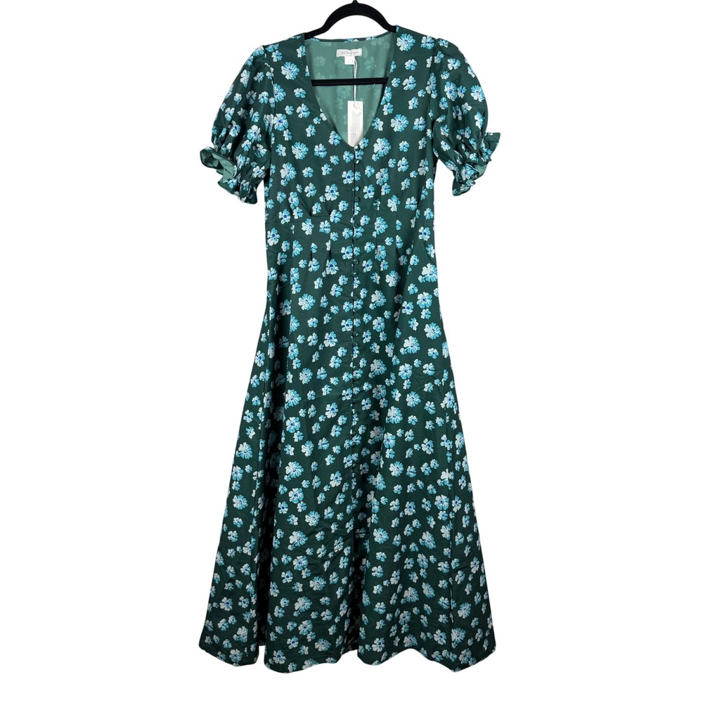 Outerknown Womens S Kira Maxi Dress Green Floral Puff Sleeve Boho Cottagecore